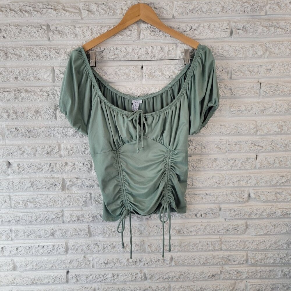 Rue 21 Womens Top XL Green Cropped Off Shoulder Puff Sleeve Ruched GRE23E
